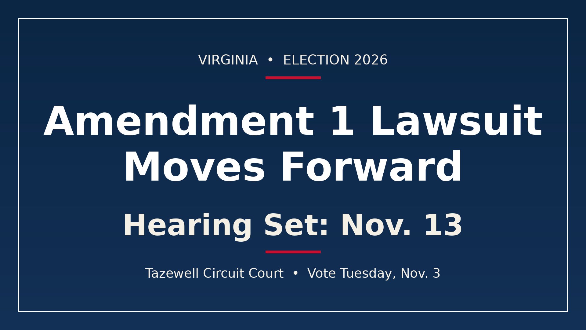 Navy graphic reading Amendment 1 Lawsuit Moves Forward, Hearing Set: Nov. 13, Tazewell Circuit Court, Vote Tuesday, Nov. 3