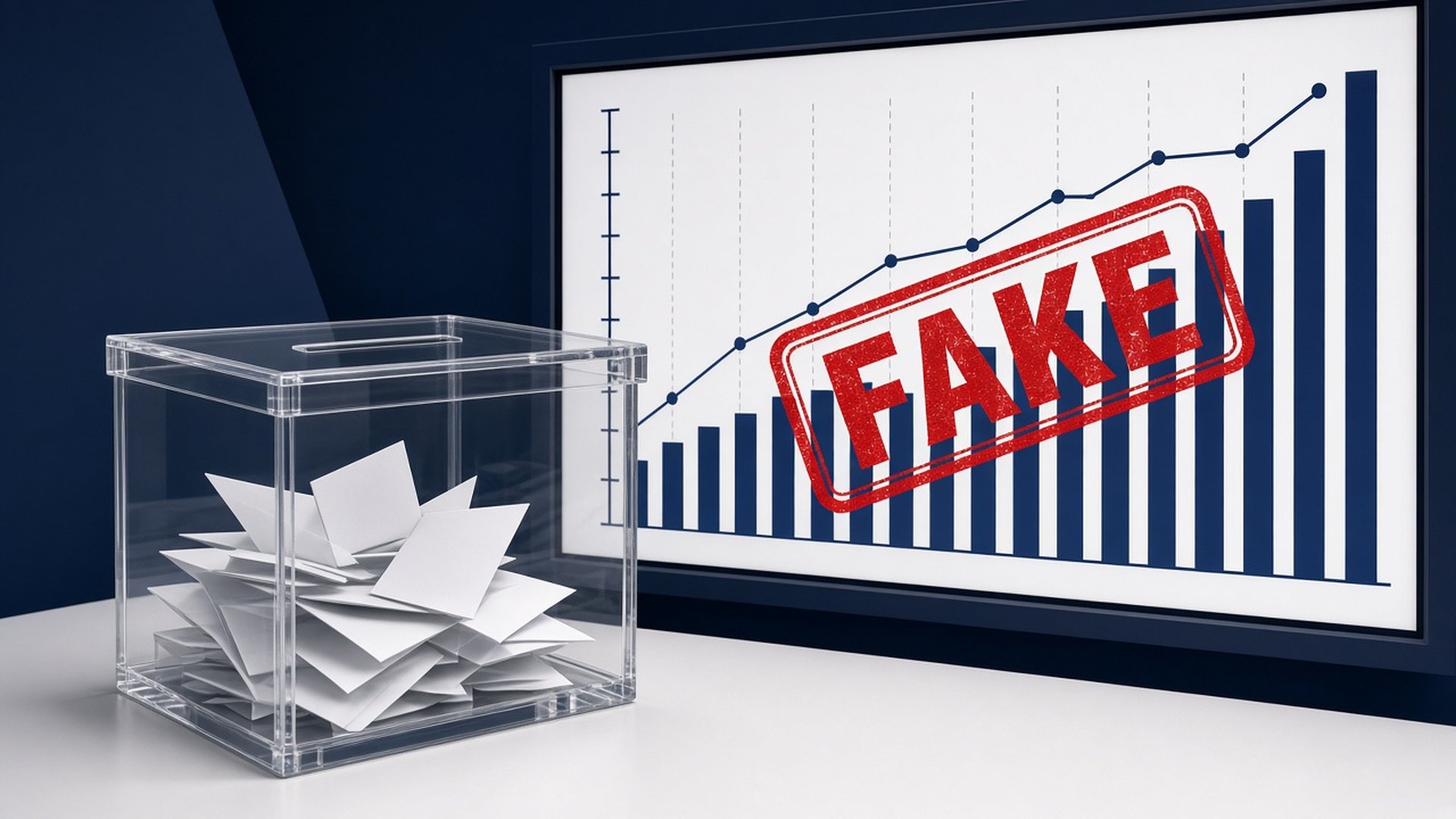 A clear ballot box filled with paper ballots in front of a poll chart stamped FAKE in red