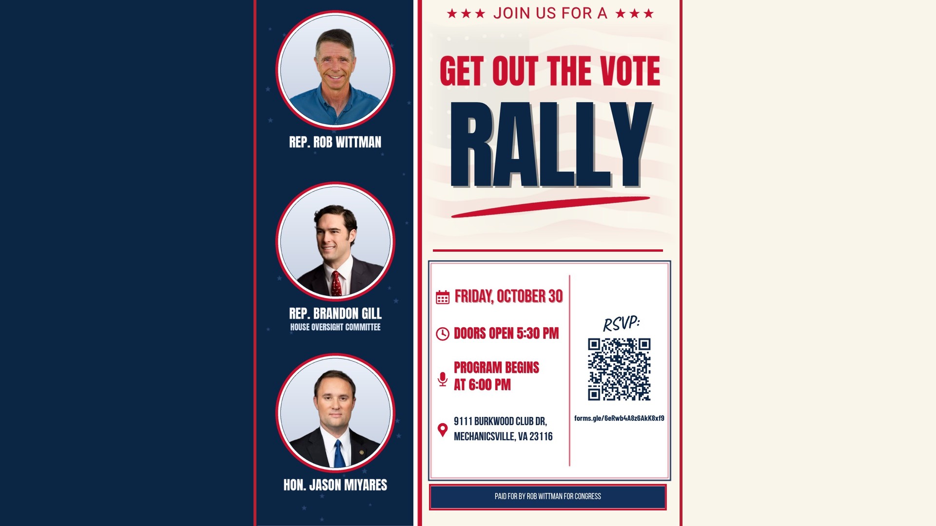 Get Out the Vote Rally flyer with Rep. Rob Wittman, Rep. Brandon Gill and Hon. Jason Miyares, Friday October 30, doors open 5:30 PM, program 6:00 PM, 9111 Burkwood Club Dr, Mechanicsville