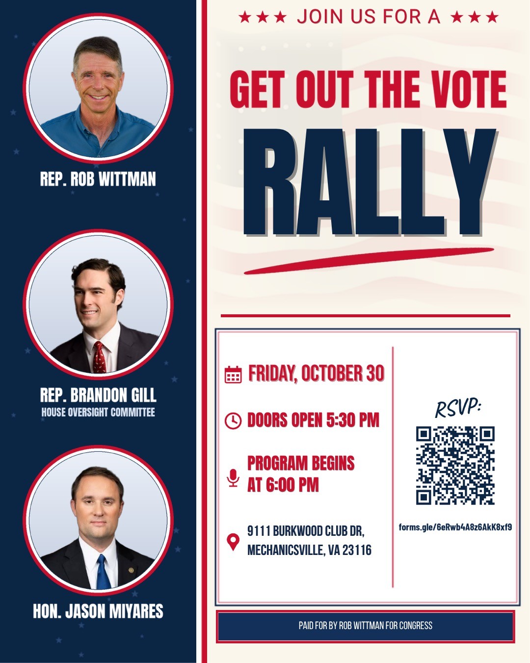 Get Out the Vote Rally flyer with Rob Wittman, Brandon Gill and Jason Miyares
