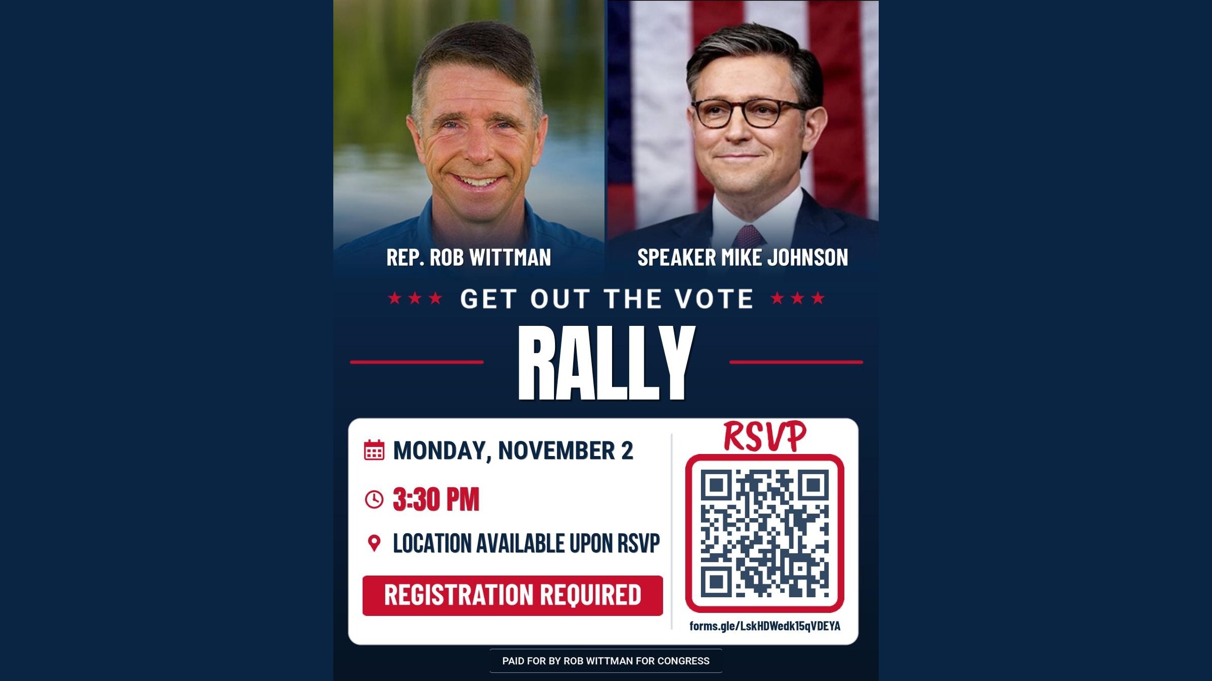 Get Out the Vote Rally with Rep. Rob Wittman and Speaker Mike Johnson, Monday November 2 at 3:30 PM