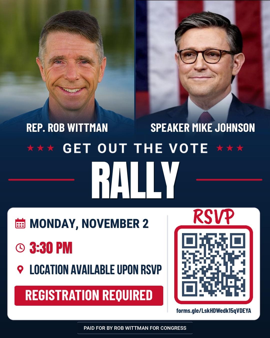 Get Out the Vote Rally flyer with Rep. Rob Wittman and Speaker Mike Johnson